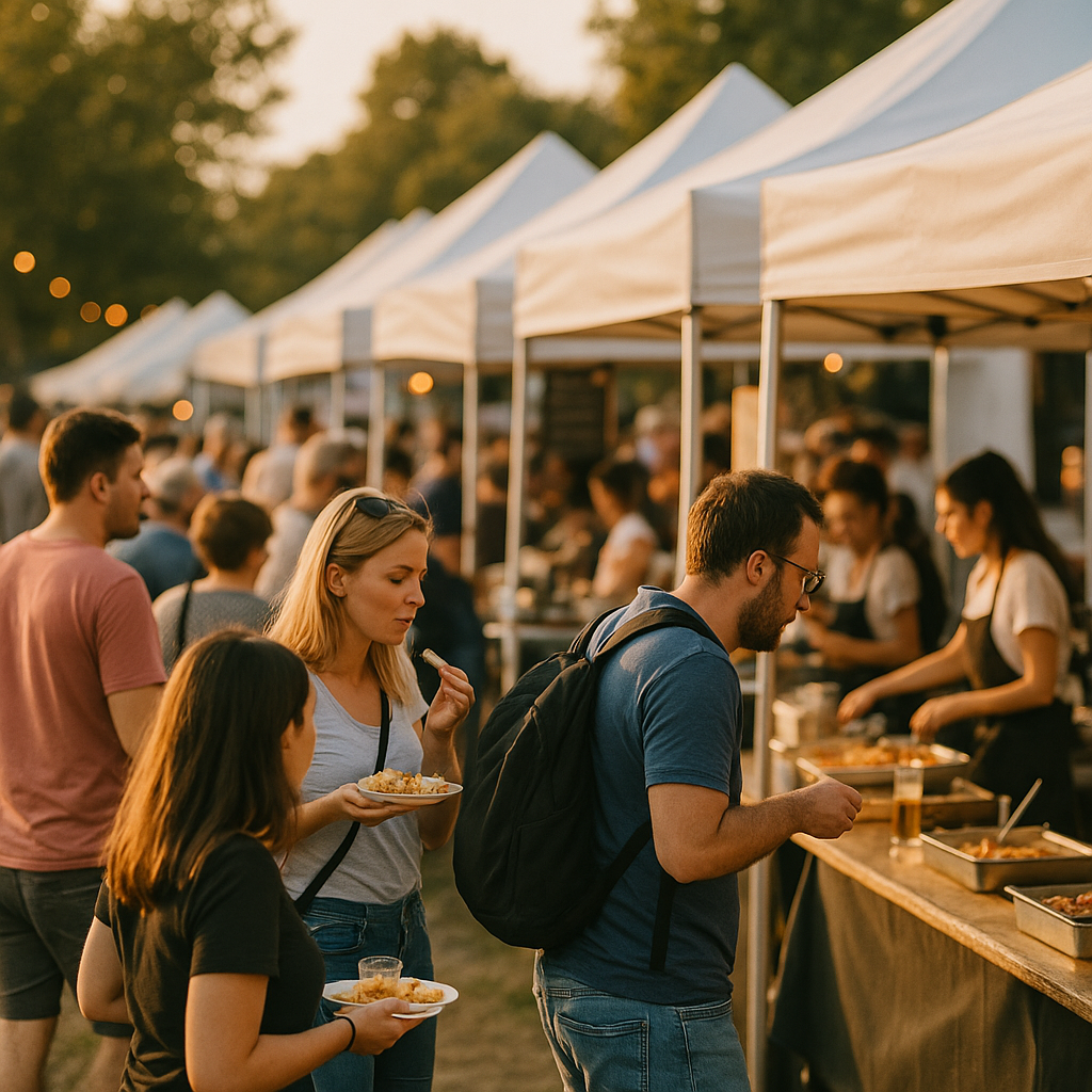 Foto reale di una festa con stand gastronomici e persone